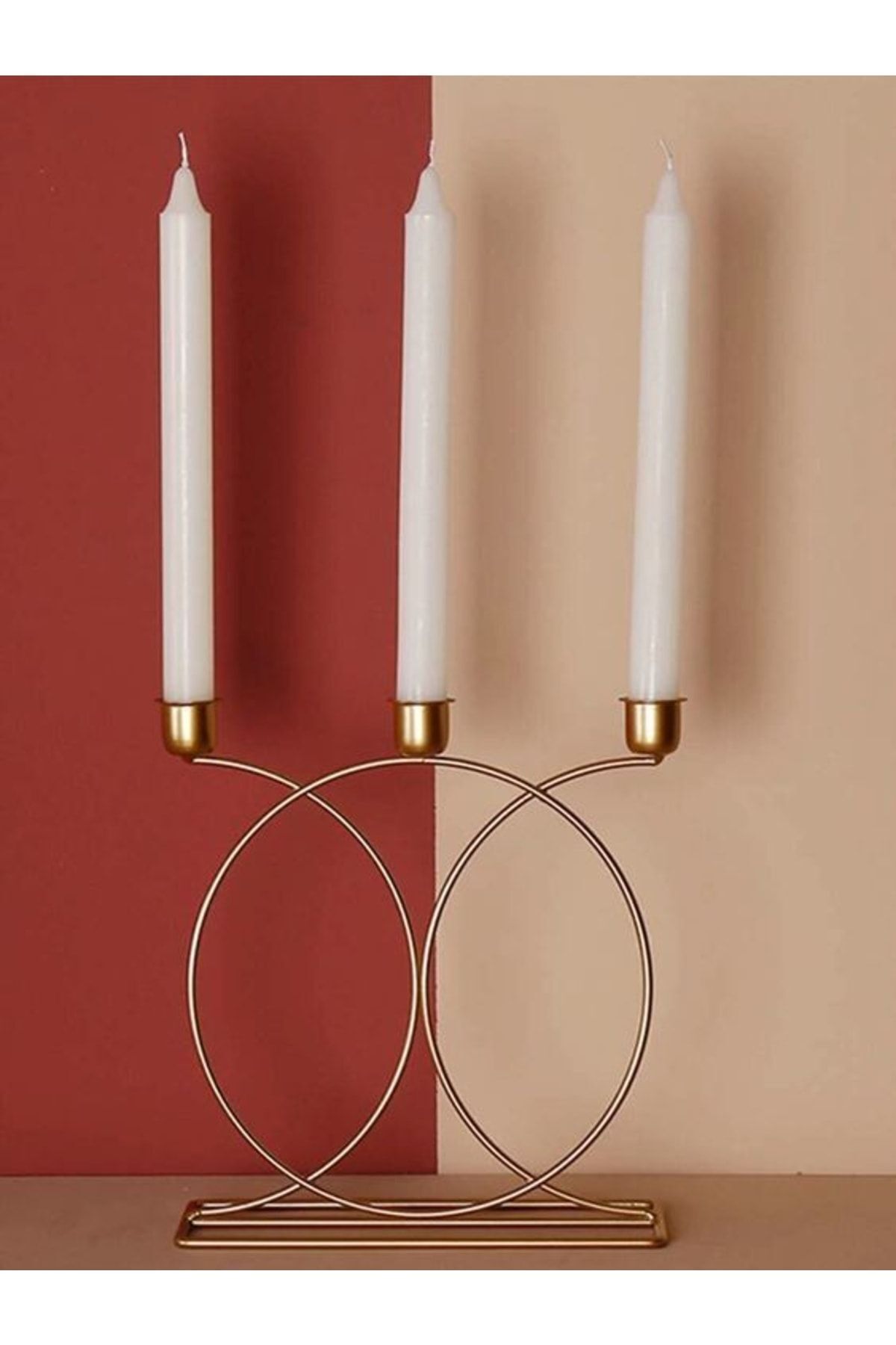 Metal Geometrik 3 Lü ( Üçlü ) Gold Şamdan Mumluk Dekoratif Mumluk 23cm Paslanmaz Kaplama Ev Dekorasy