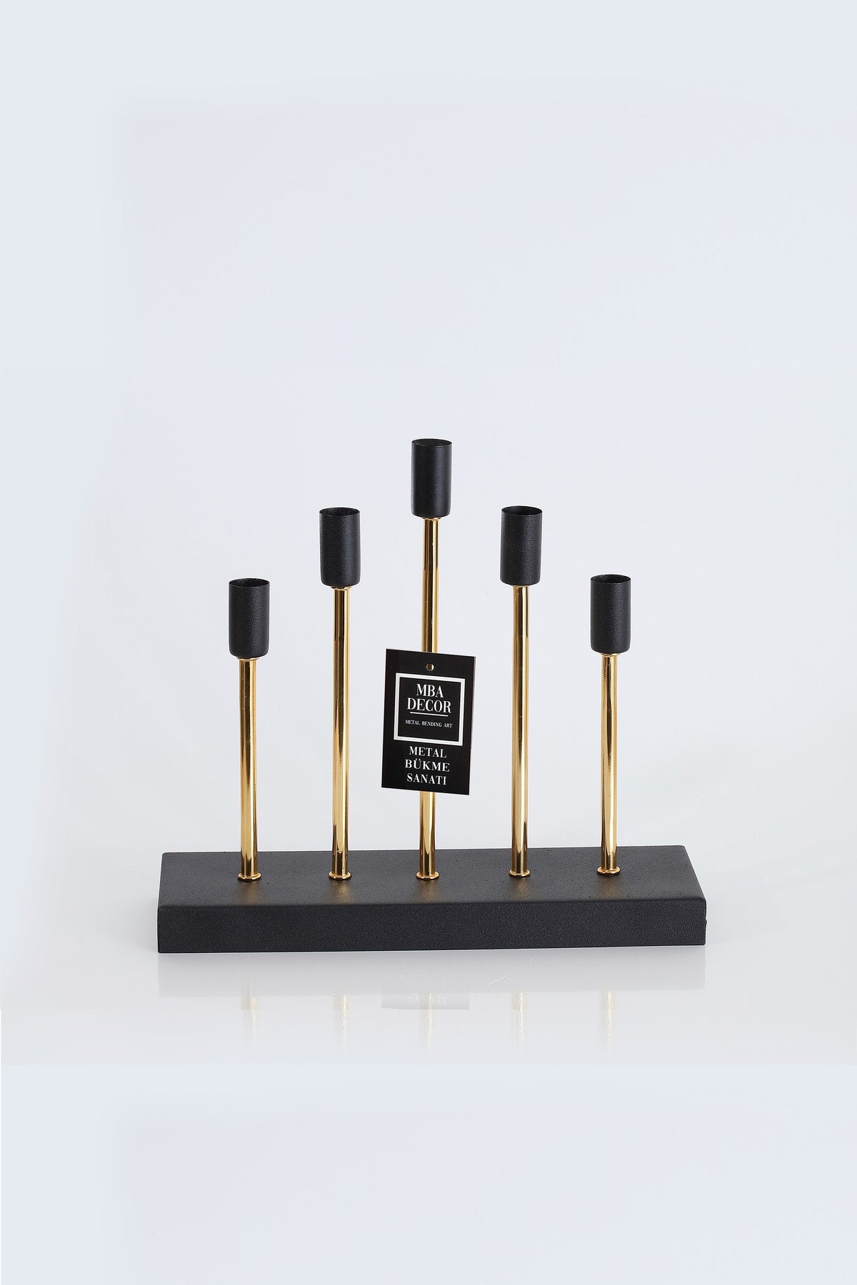 5'li ( Beşli ) Gold Siyah Dekoratif Mumluk Şamdan Dekorasyon Metal Paslanmaz 30-29 Cm Piramit
