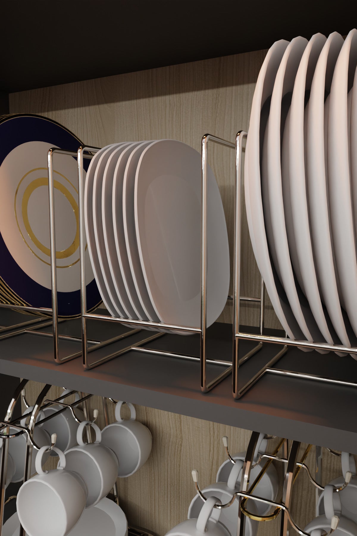 Gümüş Metal Tabak Düzenleyici - Paslanmaz Ergonomik Dolap İçi Mutfak Organizeri