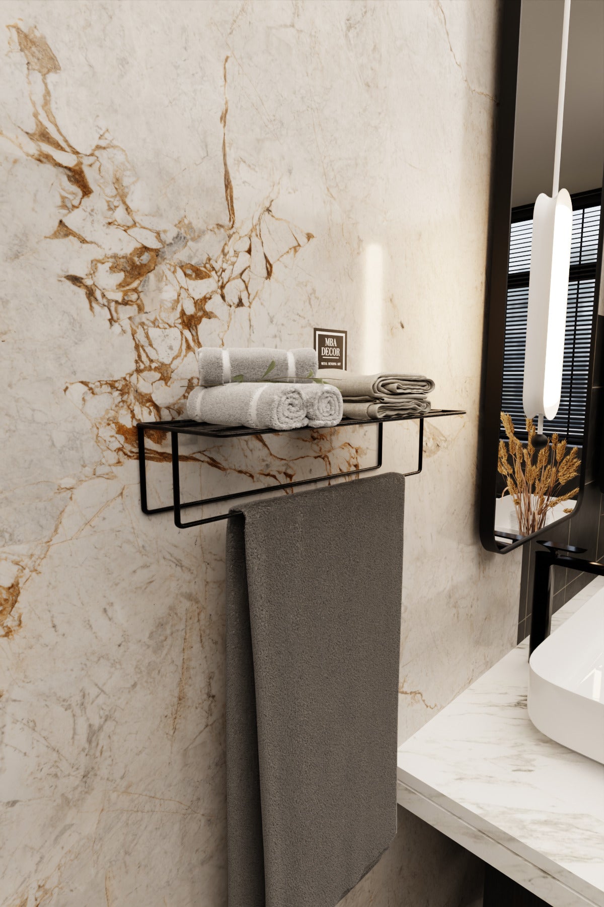 Siyah Kendinden Yapışkanlı Banyo Havluluk Raf – Montaj Gerektirmez, Modern & Şık