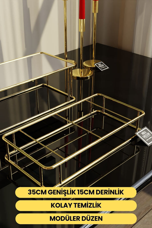 Prisma Model Gold Aynalı Sunum Tepsisi – İkili Set | Dekoratif & Şık Sunum 30x15cm