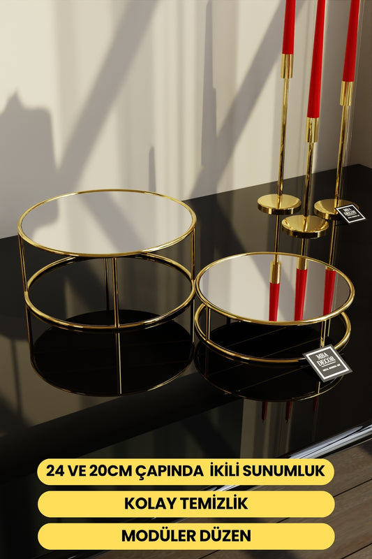 Bellezza Model Gold Aynalı Sunum Tepsisi – İkili Set | Dekoratif & Şık Sunum 24cm 20cm Çap