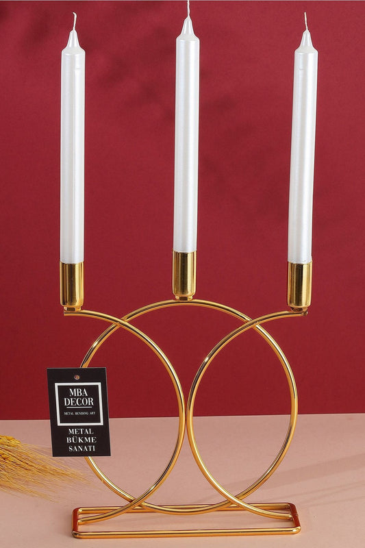 Metal Geometrik 3 Lü ( Üçlü ) Gold Şamdan Mumluk Dekoratif Mumluk 23cm Paslanmaz Kaplama Ev Dekorasy