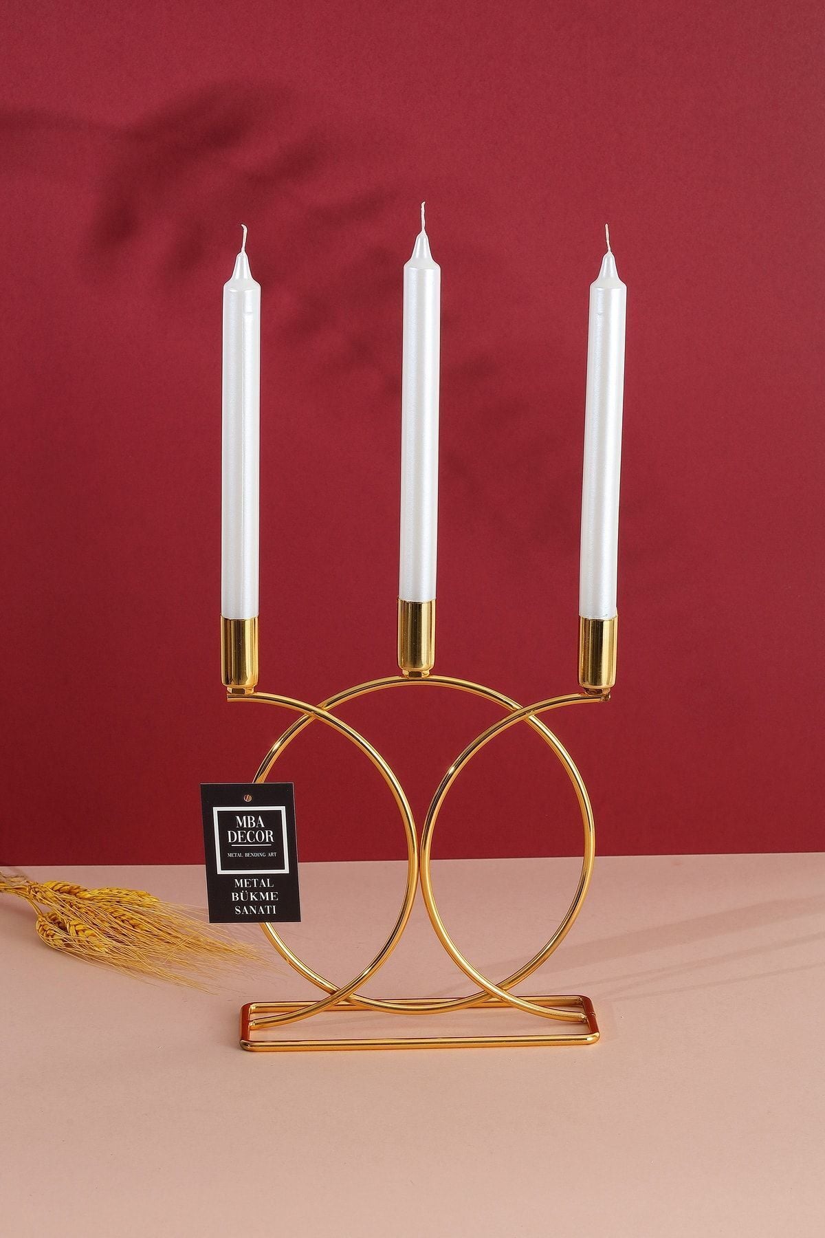 Metal Geometrik 3 Lü ( Üçlü ) Gold Şamdan Mumluk Dekoratif Mumluk 23cm Paslanmaz Kaplama Ev Dekorasy