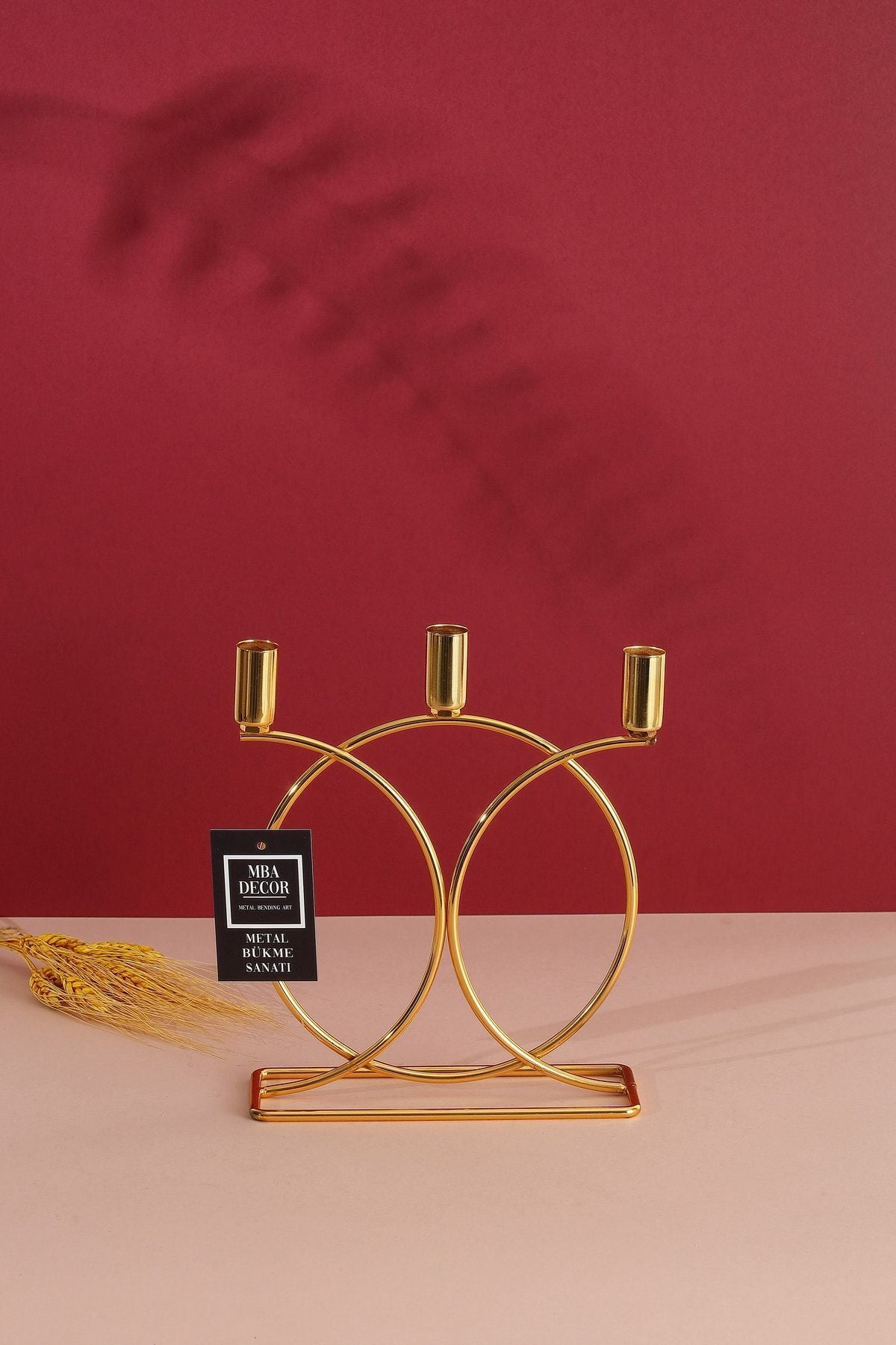 Metal Geometrik 3 Lü ( Üçlü ) Gold Şamdan Mumluk Dekoratif Mumluk 23cm Paslanmaz Kaplama Ev Dekorasy