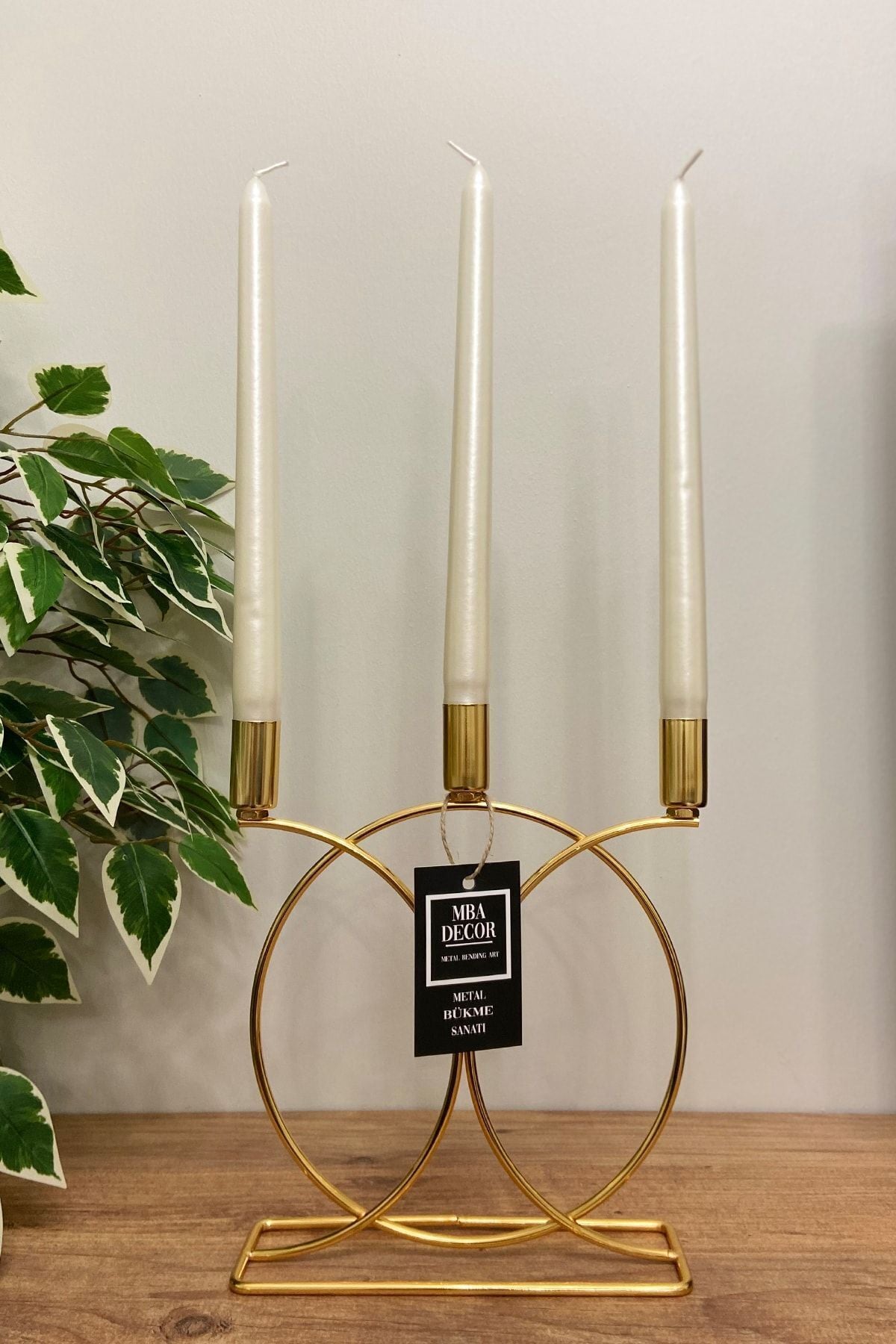 Metal Geometrik 3 Lü ( Üçlü ) Gold Şamdan Mumluk Dekoratif Mumluk 23cm Paslanmaz Kaplama Ev Dekorasy