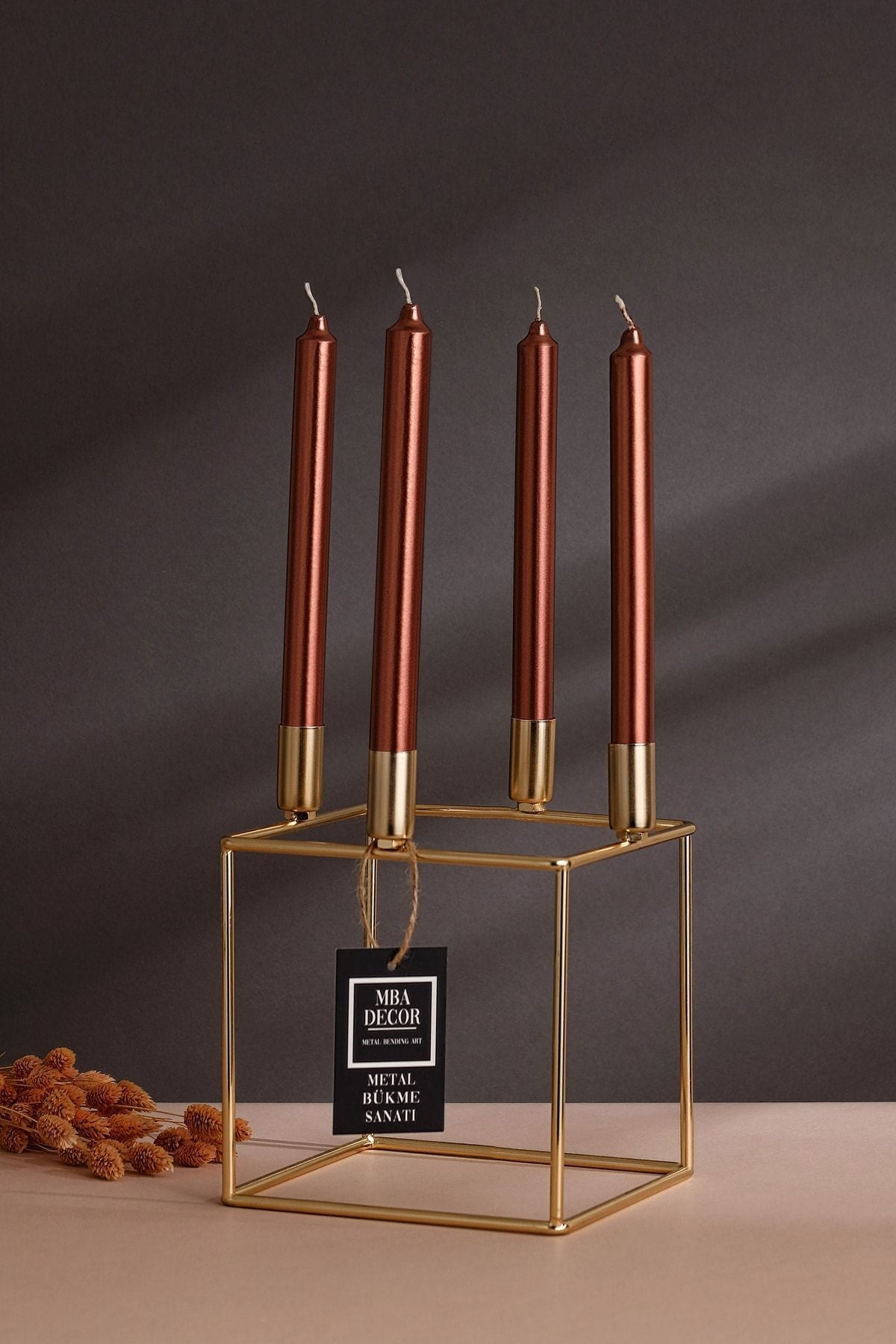 Dörtlü Küp Şamdan Mumluk Dekoratif Mumluk Gold Paslanmaz Gold Metal 20 Cm Ev Dekorasyon