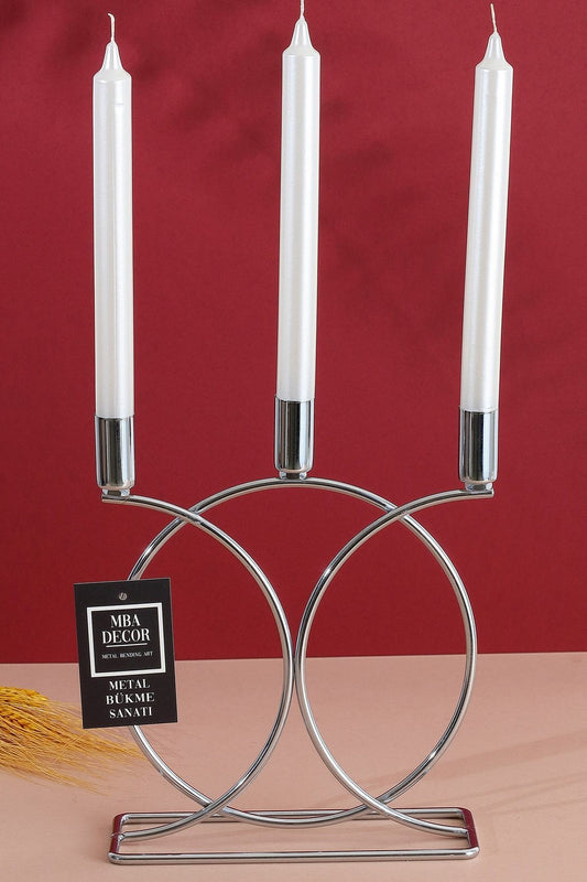 Metal Geometrik 3 Lü Şamdan Mumluk 23cm Paslanmaz Dolu Demir Gümüş Kaplama Ev Dekorasyon