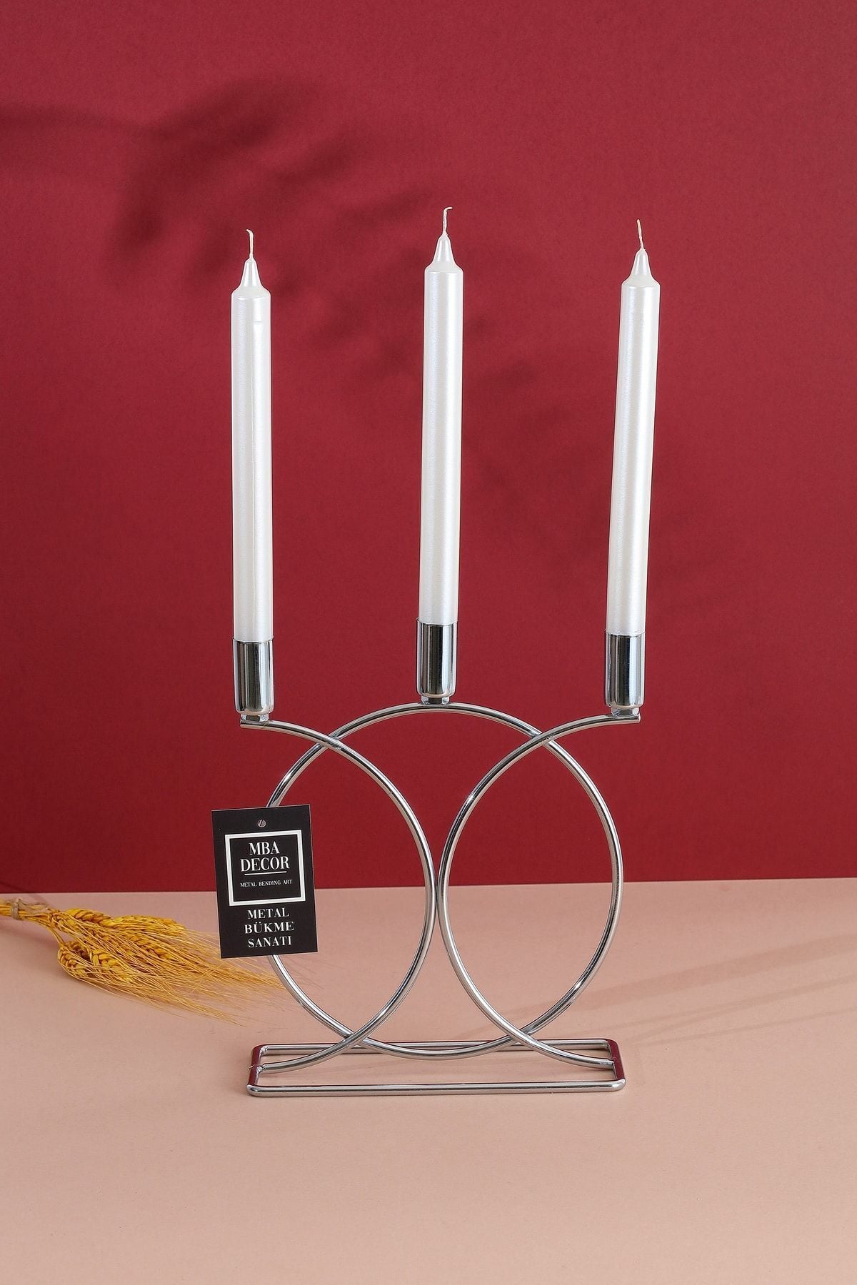 Metal Geometrik 3 Lü Şamdan Mumluk 23cm Paslanmaz Dolu Demir Gümüş Kaplama Ev Dekorasyon