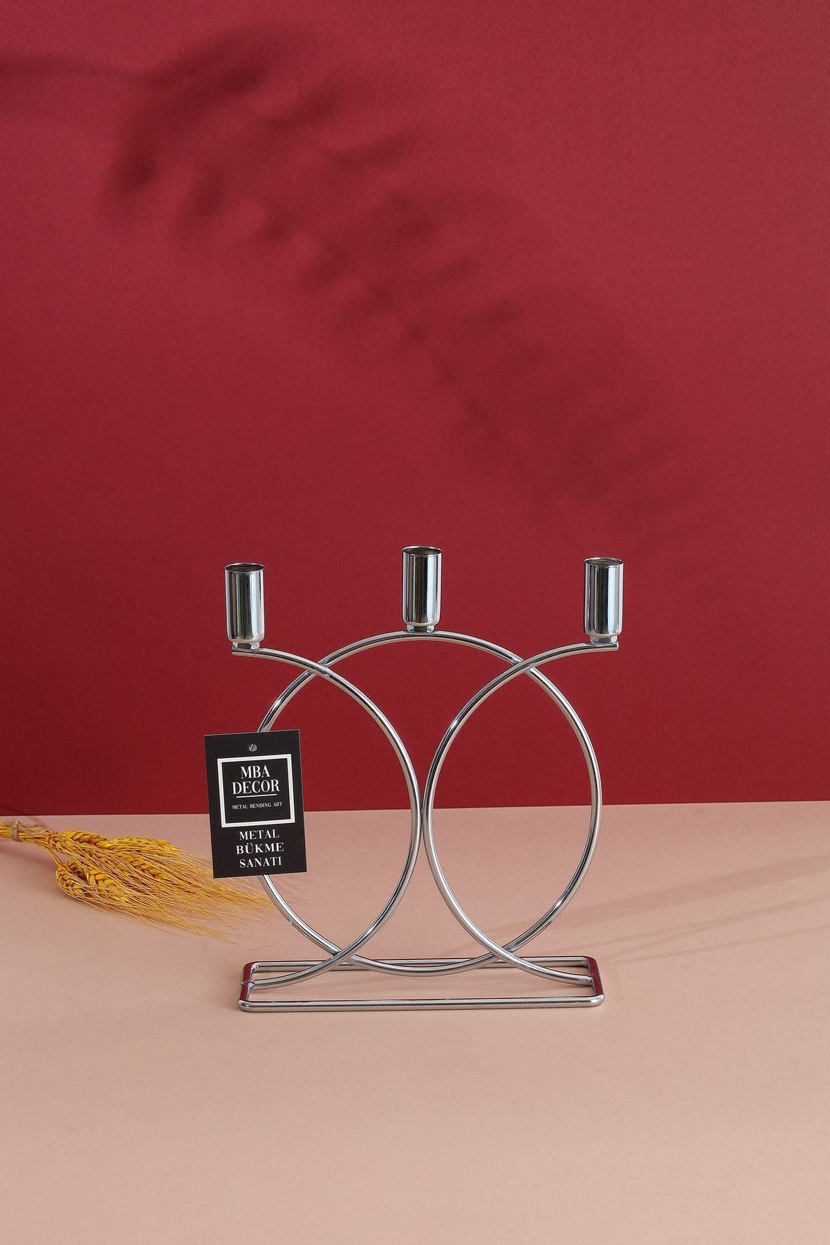 Metal Geometrik 3 Lü Şamdan Mumluk 23cm Paslanmaz Dolu Demir Gümüş Kaplama Ev Dekorasyon