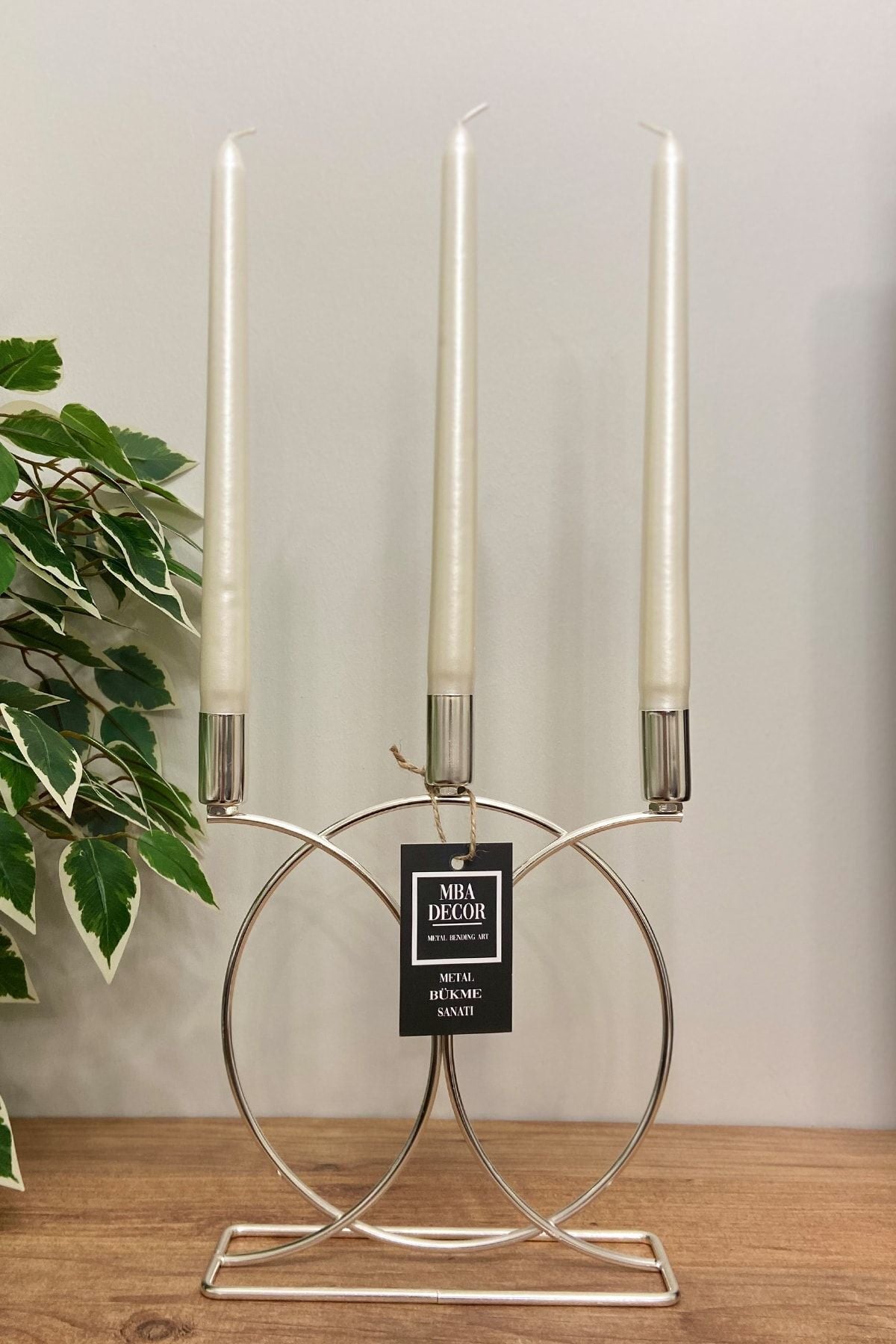 Metal Geometrik 3 Lü Şamdan Mumluk 23cm Paslanmaz Dolu Demir Gümüş Kaplama Ev Dekorasyon