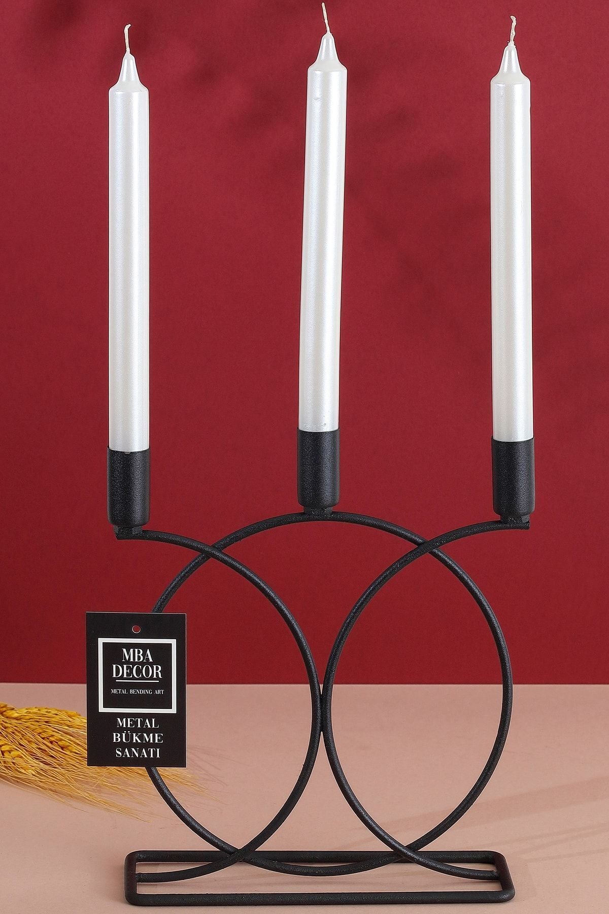 Metal Geometrik 3 Lü Şamdan Mumluk Dekoratif Mumluk 23cm Dolu Demir Paslanmaz Siyah Kaplama Ev