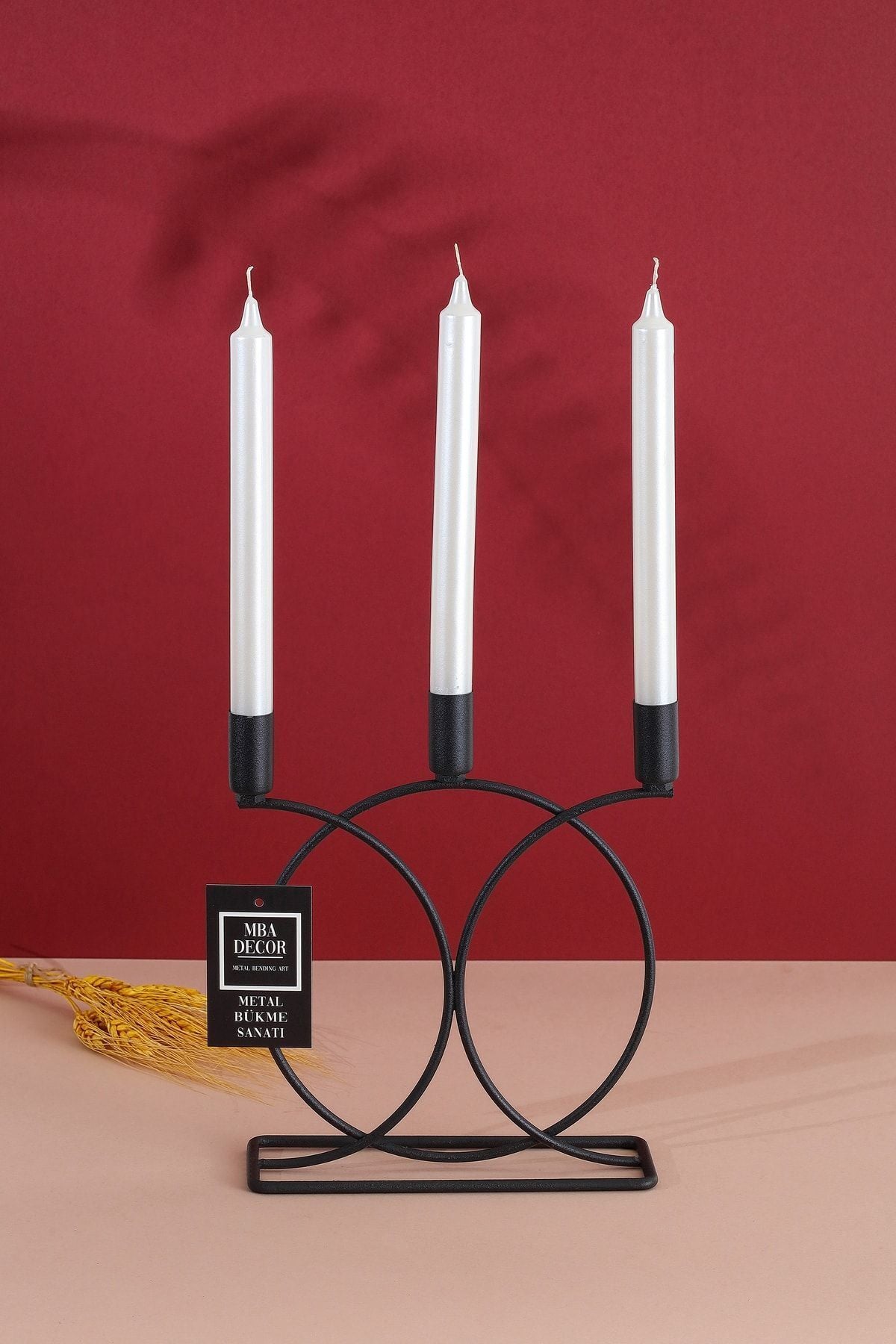 Metal Geometrik 3 Lü Şamdan Mumluk Dekoratif Mumluk 23cm Dolu Demir Paslanmaz Siyah Kaplama Ev