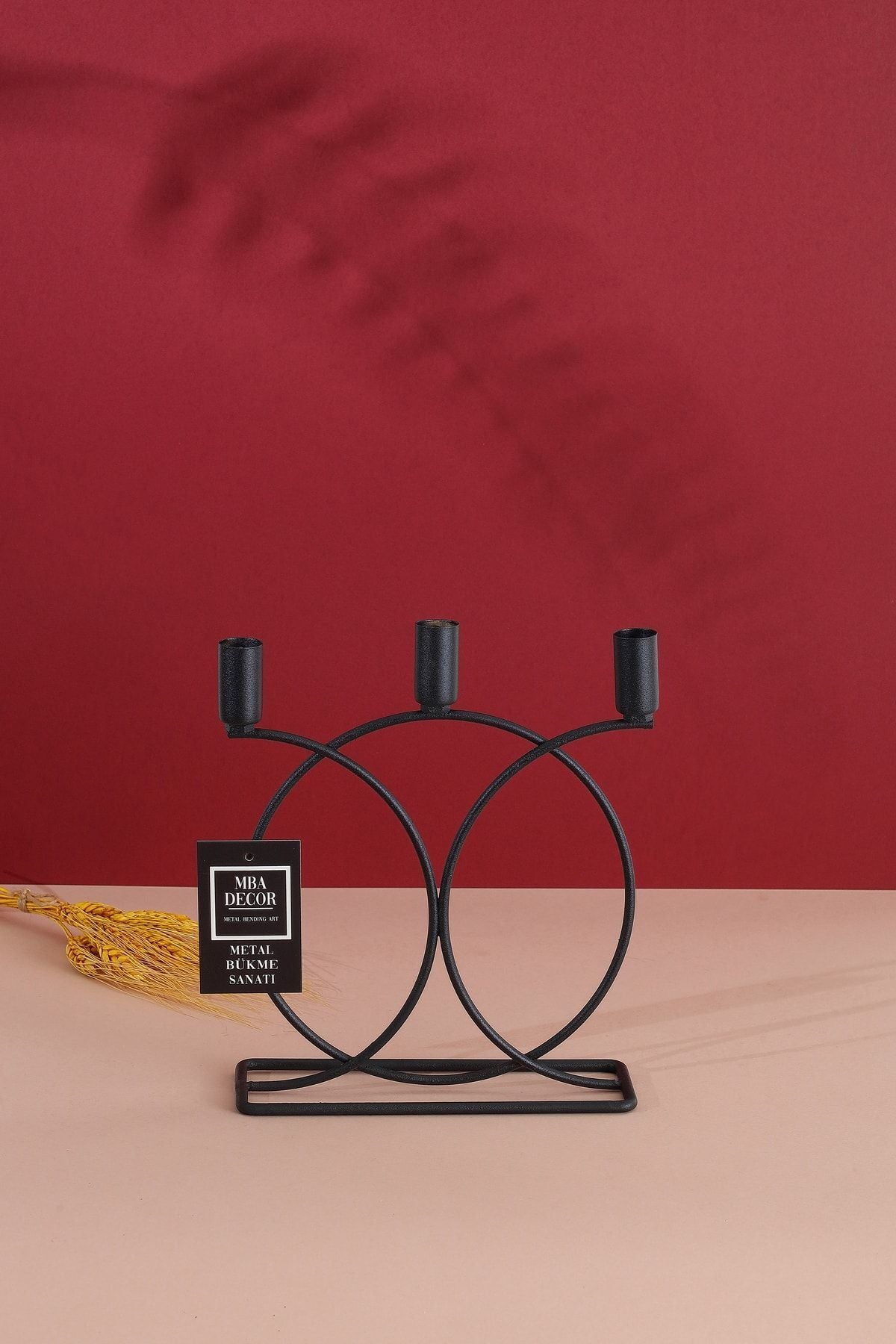 Metal Geometrik 3 Lü Şamdan Mumluk Dekoratif Mumluk 23cm Dolu Demir Paslanmaz Siyah Kaplama Ev