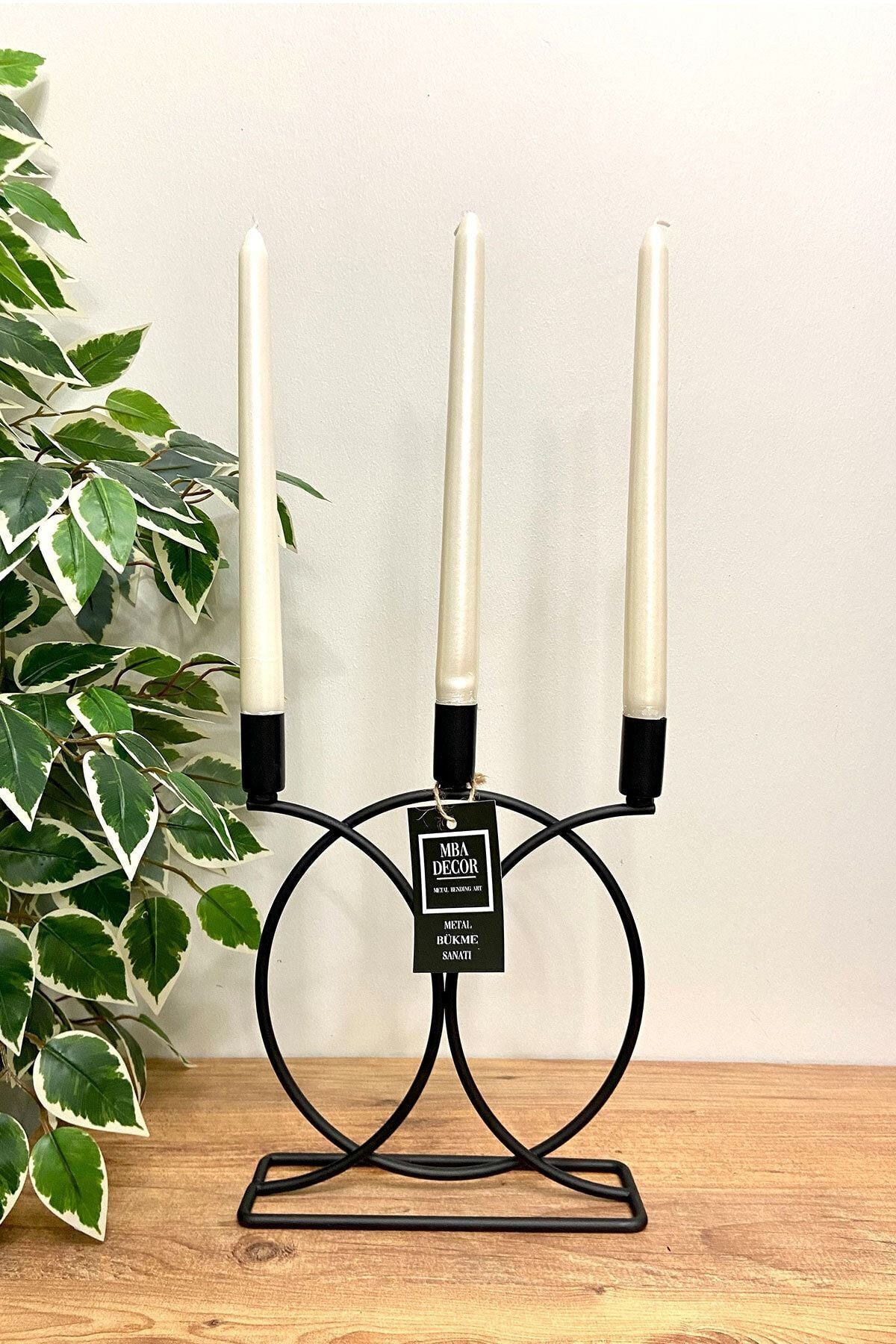 Metal Geometrik 3 Lü Şamdan Mumluk Dekoratif Mumluk 23cm Dolu Demir Paslanmaz Siyah Kaplama Ev