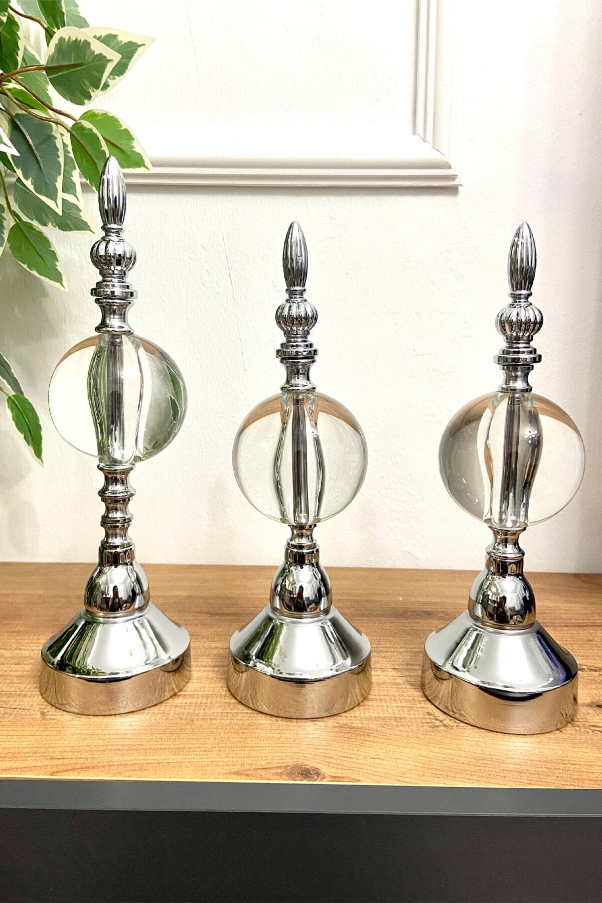 3'lü Kristal Içi Dolu Cam Küre Paslanmaz Gümüş Kaplama Ev Dekorasyon