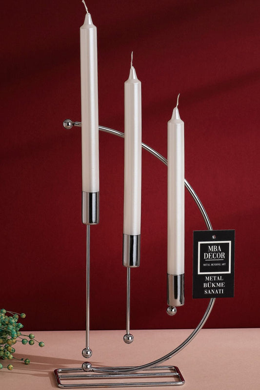 Nota Model Gümüş Metal 3 Lü Şamdan Üçlü Mumluk Dekoratif Mumluk 25cm Paslanmaz Kaplama Ev Dekorasyon