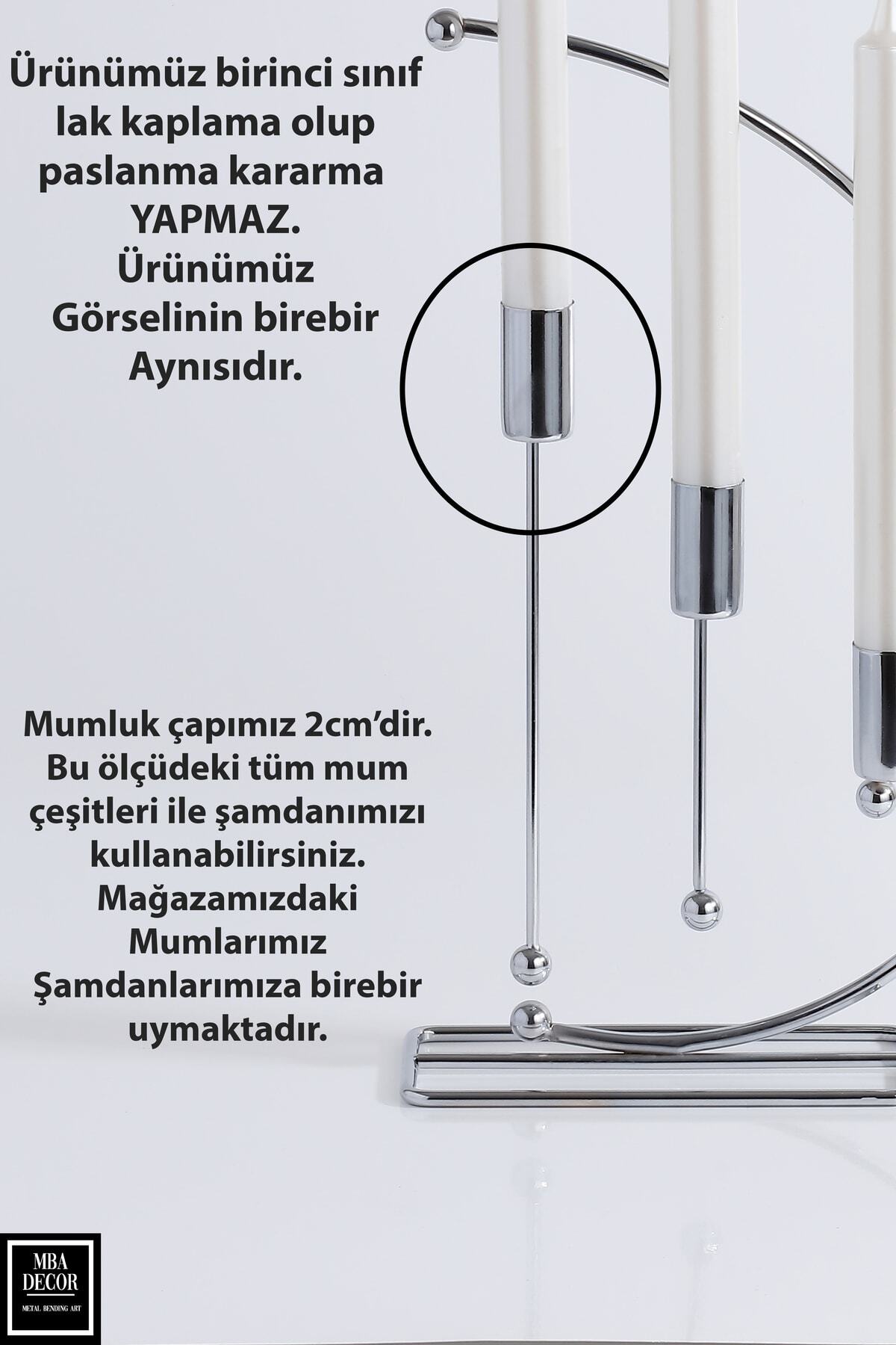 Nota Model Gümüş Metal 3 Lü Şamdan Üçlü Mumluk Dekoratif Mumluk 25cm Paslanmaz Kaplama Ev Dekorasyon