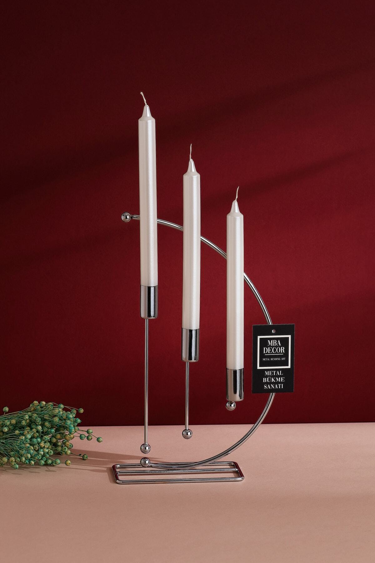 Nota Model Gümüş Metal 3 Lü Şamdan Üçlü Mumluk Dekoratif Mumluk 25cm Paslanmaz Kaplama Ev Dekorasyon