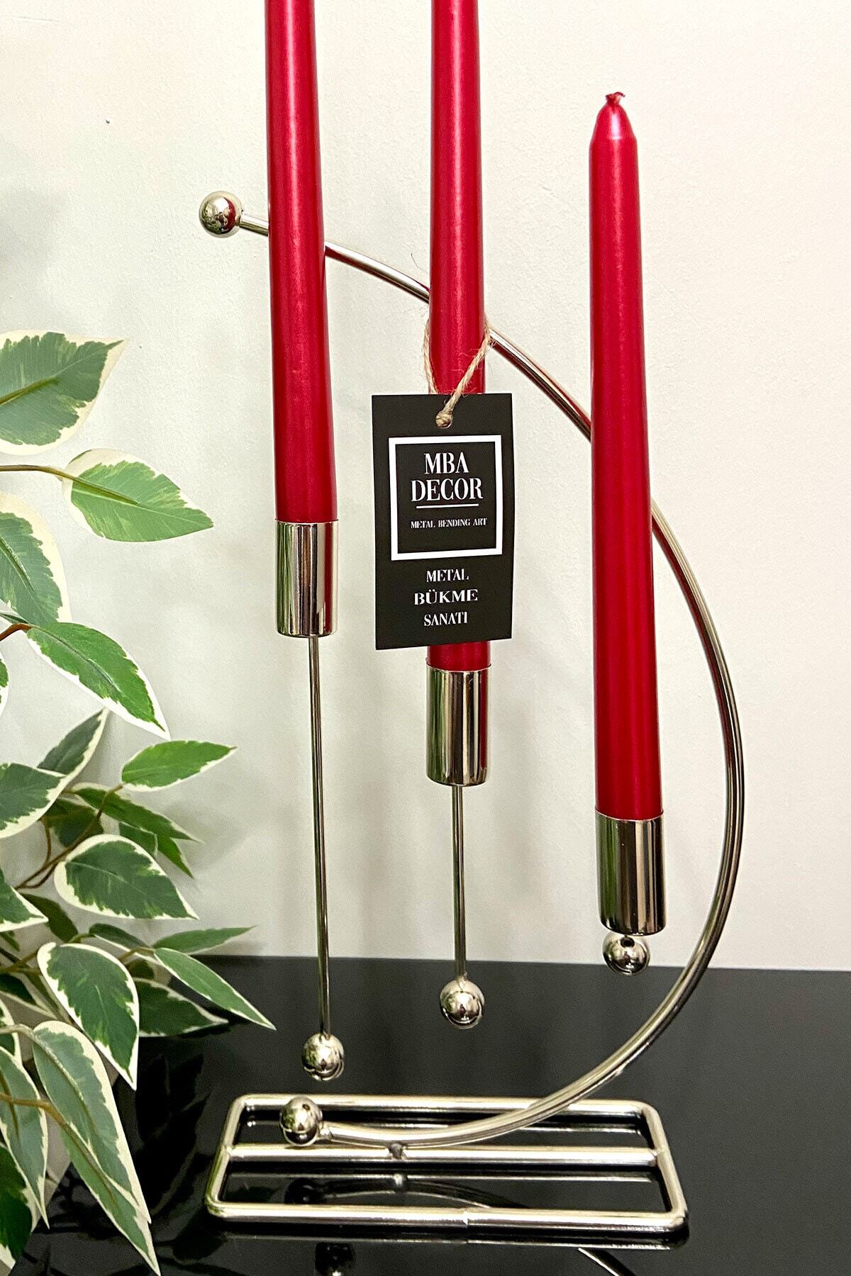 Nota Model Gümüş Metal 3 Lü Şamdan Üçlü Mumluk Dekoratif Mumluk 25cm Paslanmaz Kaplama Ev Dekorasyon