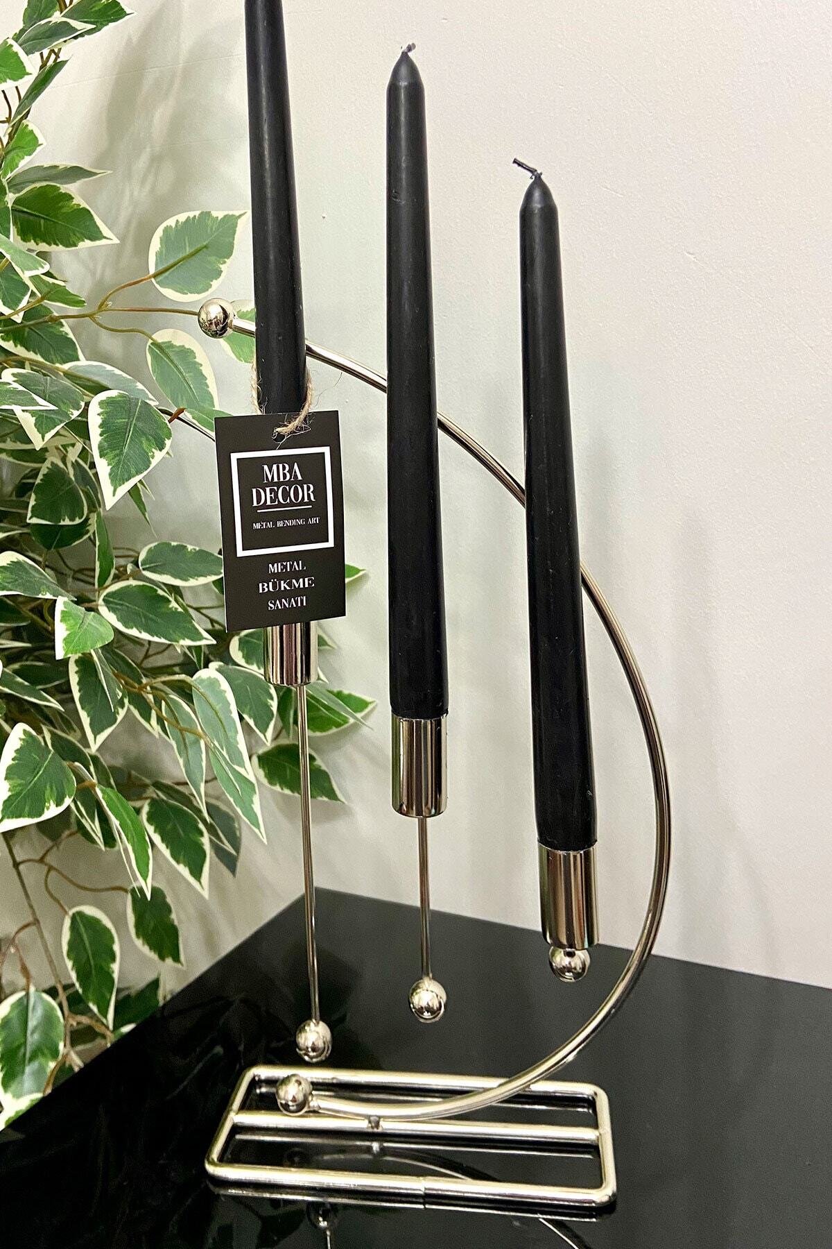 Nota Model Gümüş Metal 3 Lü Şamdan Üçlü Mumluk Dekoratif Mumluk 25cm Paslanmaz Kaplama Ev Dekorasyon