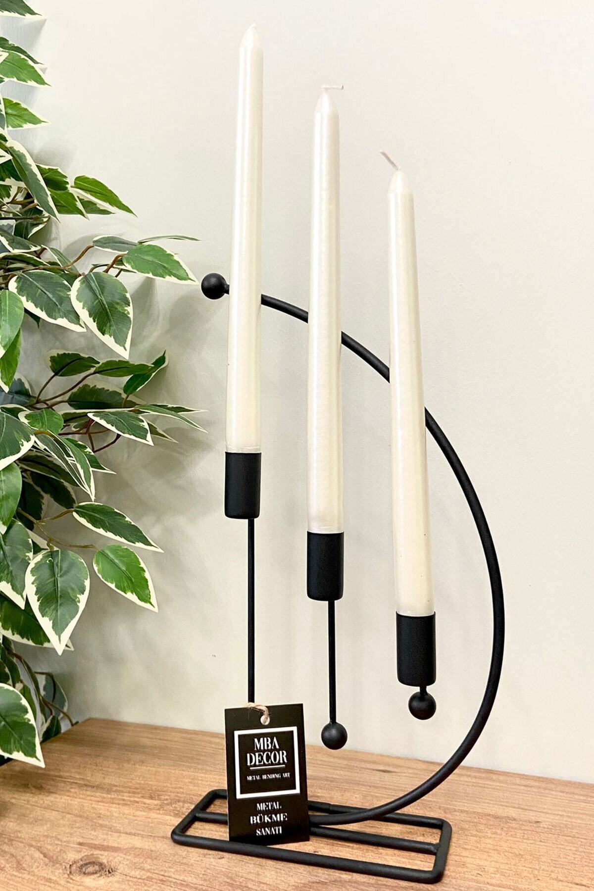 Nota Model Metal 3 Lü Şamdan Üçlü Mumluk Dekoratif Mumluk 25cm Paslanmaz Siyah Kaplama Ev Dekorasyon