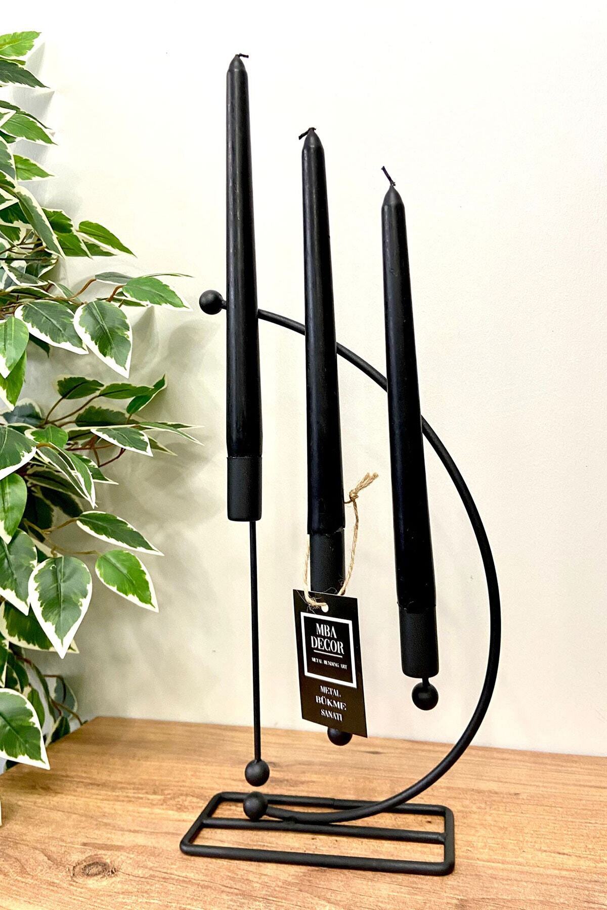 Nota Model Metal 3 Lü Şamdan Üçlü Mumluk Dekoratif Mumluk 25cm Paslanmaz Siyah Kaplama Ev Dekorasyon