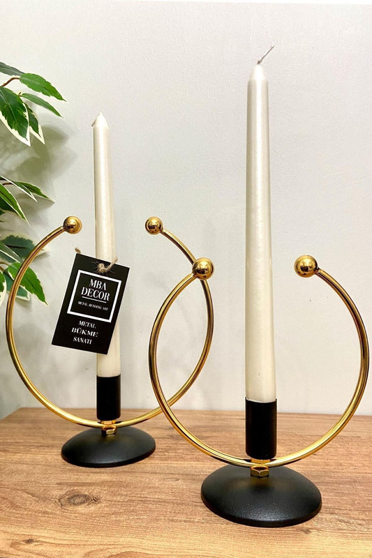 Golden Horn Gold - Siyah Kaplama Metal Paslanmaz Dolu Demir 20-15 Cm 2 Li ( Ikili ) Şamdan Mumluk Ev