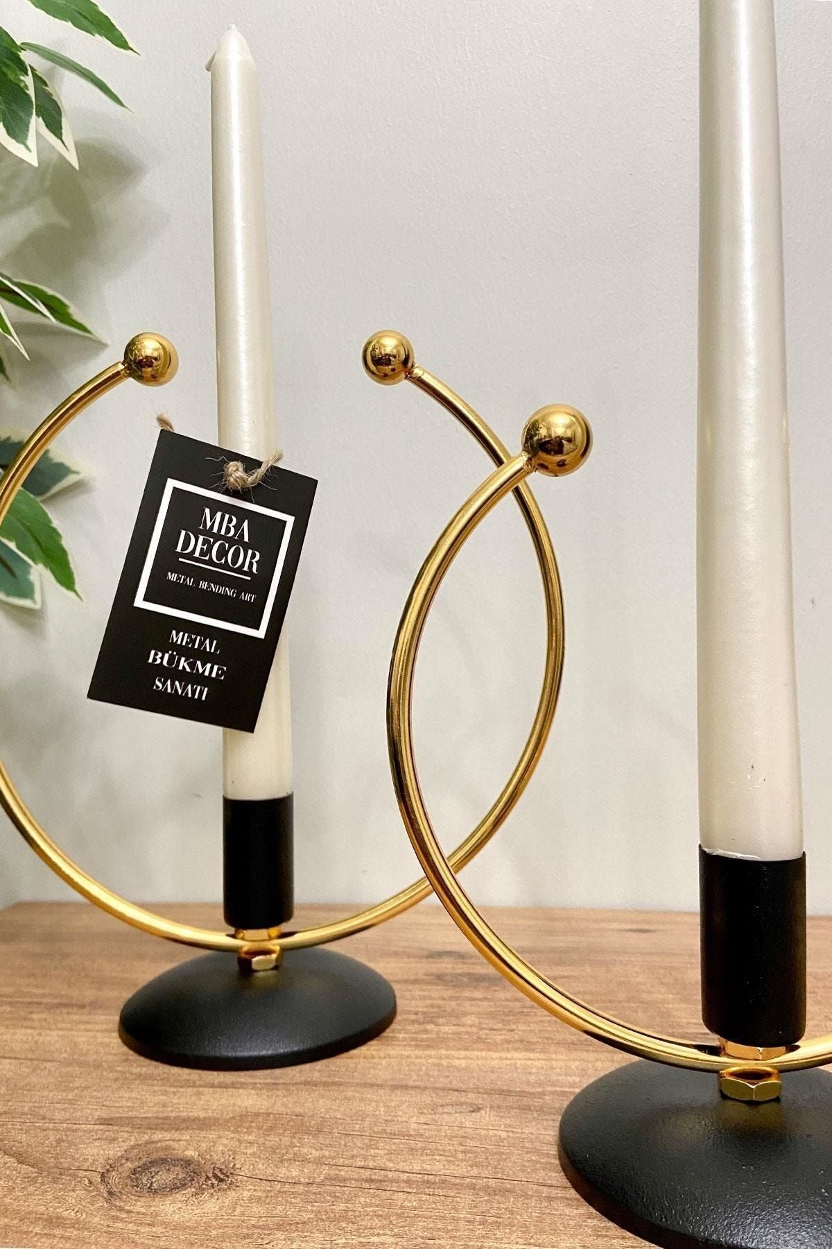 Golden Horn Gold - Siyah Kaplama Metal Paslanmaz Dolu Demir 20-15 Cm 2 Li ( Ikili ) Şamdan Mumluk Ev