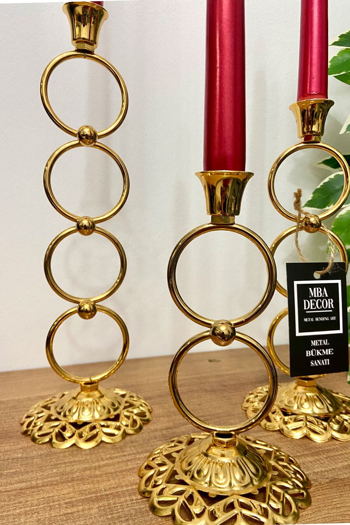 Pergamon 3 Lü Şamdan Mumluk Dekoratif Mumluk Gold Kaplama Metal Paslanmaz Dolu Demir Ev Dekorasyon