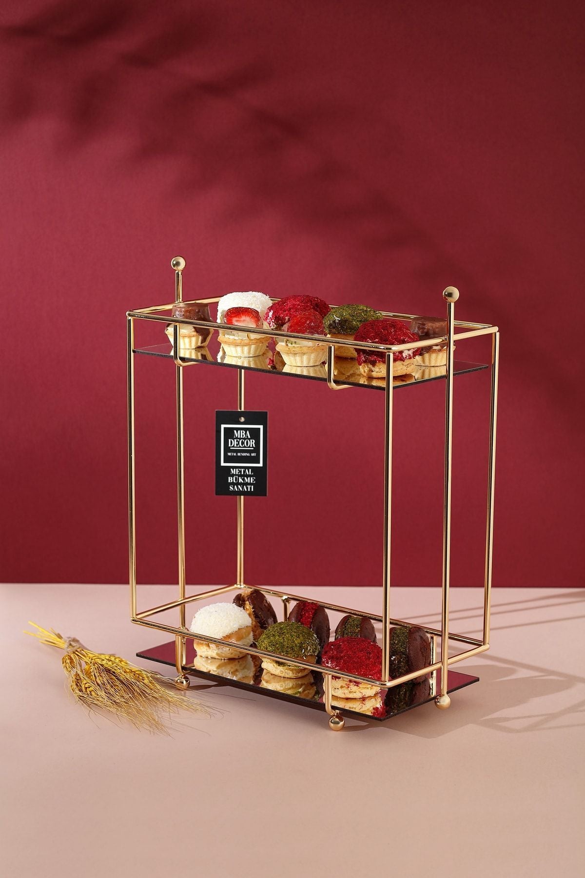 Dikdörtgen Gold Aynalı Kahve Yanı Sunumluk Hediyelik Dekorasyon Ikramlık Organizer Mdf Ahşap 40cm