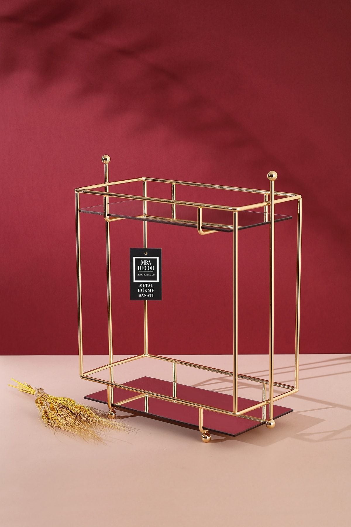 Dikdörtgen Gold Aynalı Kahve Yanı Sunumluk Hediyelik Dekorasyon Ikramlık Organizer Mdf Ahşap 40cm
