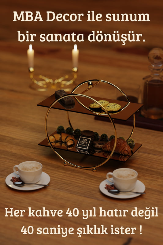 Yuvarlak Gold Aynalı Kahve Yanı Sunumluk Hediyelik Dekorasyon Ikramlık Organizer Mdf Ahşap 26cm