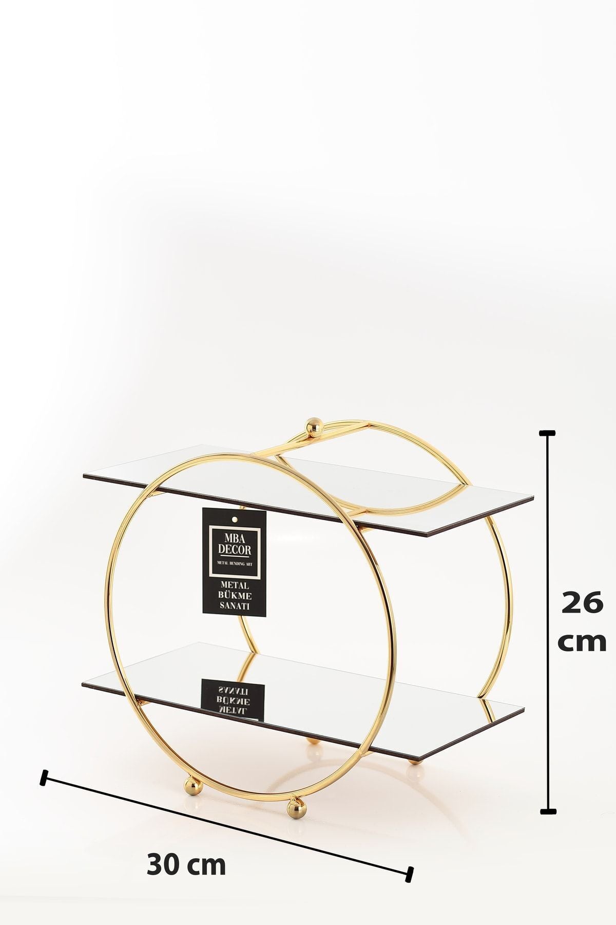 Yuvarlak Gold Aynalı Kahve Yanı Sunumluk Hediyelik Dekorasyon Ikramlık Organizer Mdf Ahşap 26cm