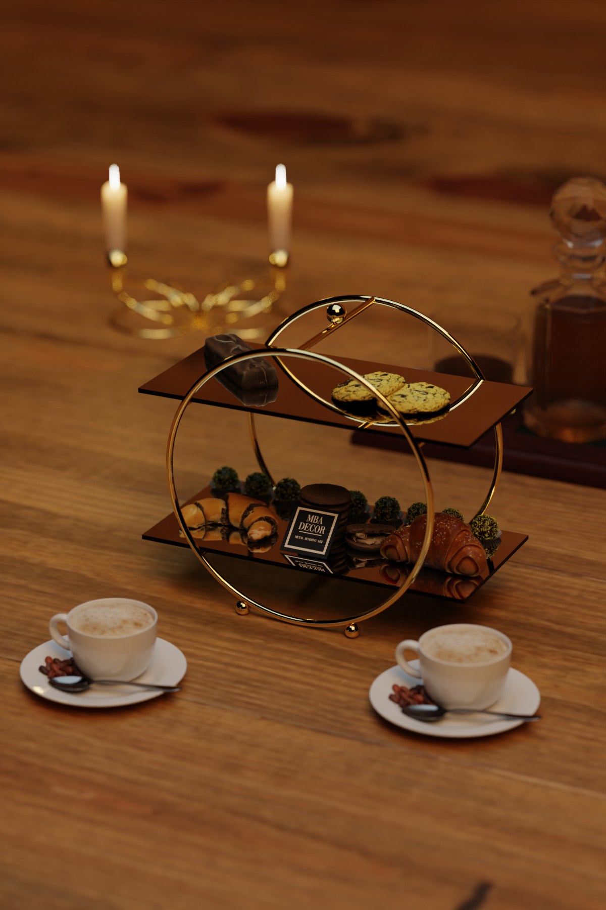 Yuvarlak Gold Aynalı Kahve Yanı Sunumluk Hediyelik Dekorasyon Ikramlık Organizer Mdf Ahşap 26cm