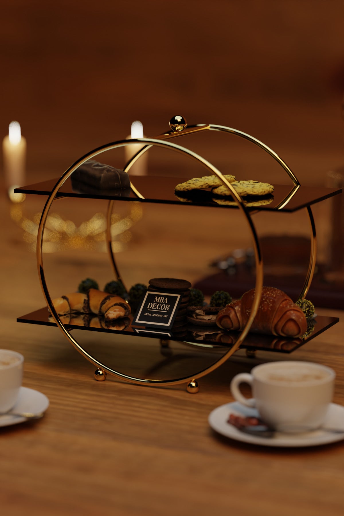 Yuvarlak Gold Aynalı Kahve Yanı Sunumluk Hediyelik Dekorasyon Ikramlık Organizer Mdf Ahşap 26cm