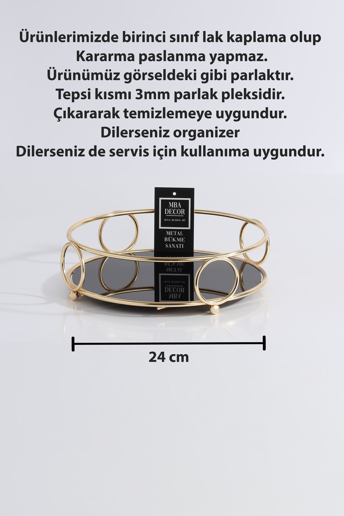 Yuvarlak Gold Servis Sunum Tepsisi Ikramlık Hediyelik Dekorasyon Organizer 24cm Alyans Sofra Mutfak
