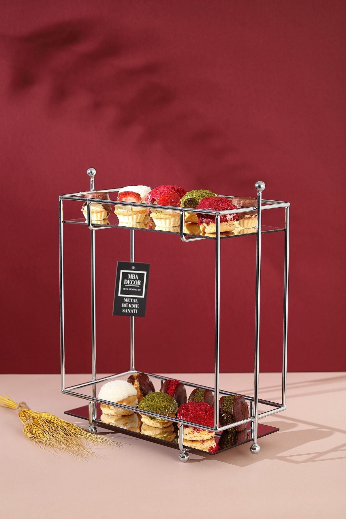 Dikdörtgen Gümüş Aynalı Kahve Yanı Sunumluk Hediyelik Dekorasyon Ikramlık Organizer Mdf Ahşap 40cm