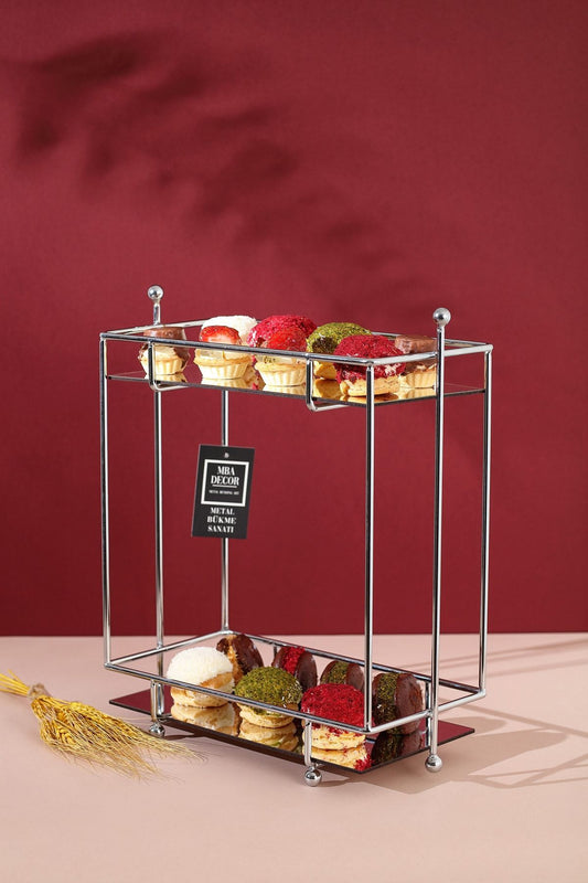 Dikdörtgen Gümüş Aynalı Kahve Yanı Sunumluk Hediyelik Dekorasyon Ikramlık Organizer Mdf Ahşap 40cm