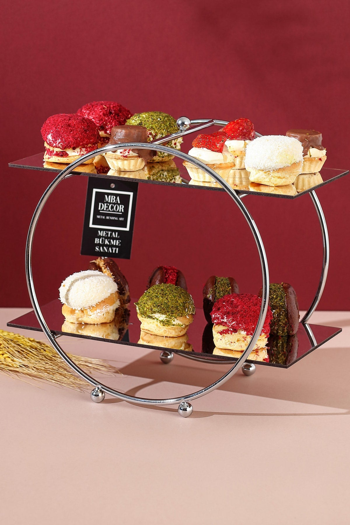 Yuvarlak Gümüş Aynalı Kahve Yanı Sunumluk Hediyelik Dekorasyon Ikramlık Organizer Mdf Ahşap 26cm