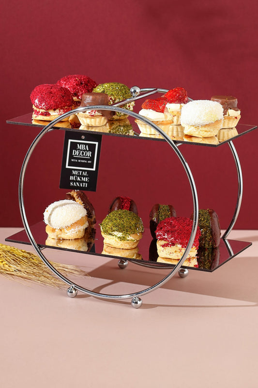 Yuvarlak Gümüş Aynalı Kahve Yanı Sunumluk Hediyelik Dekorasyon Ikramlık Organizer Mdf Ahşap 26cm