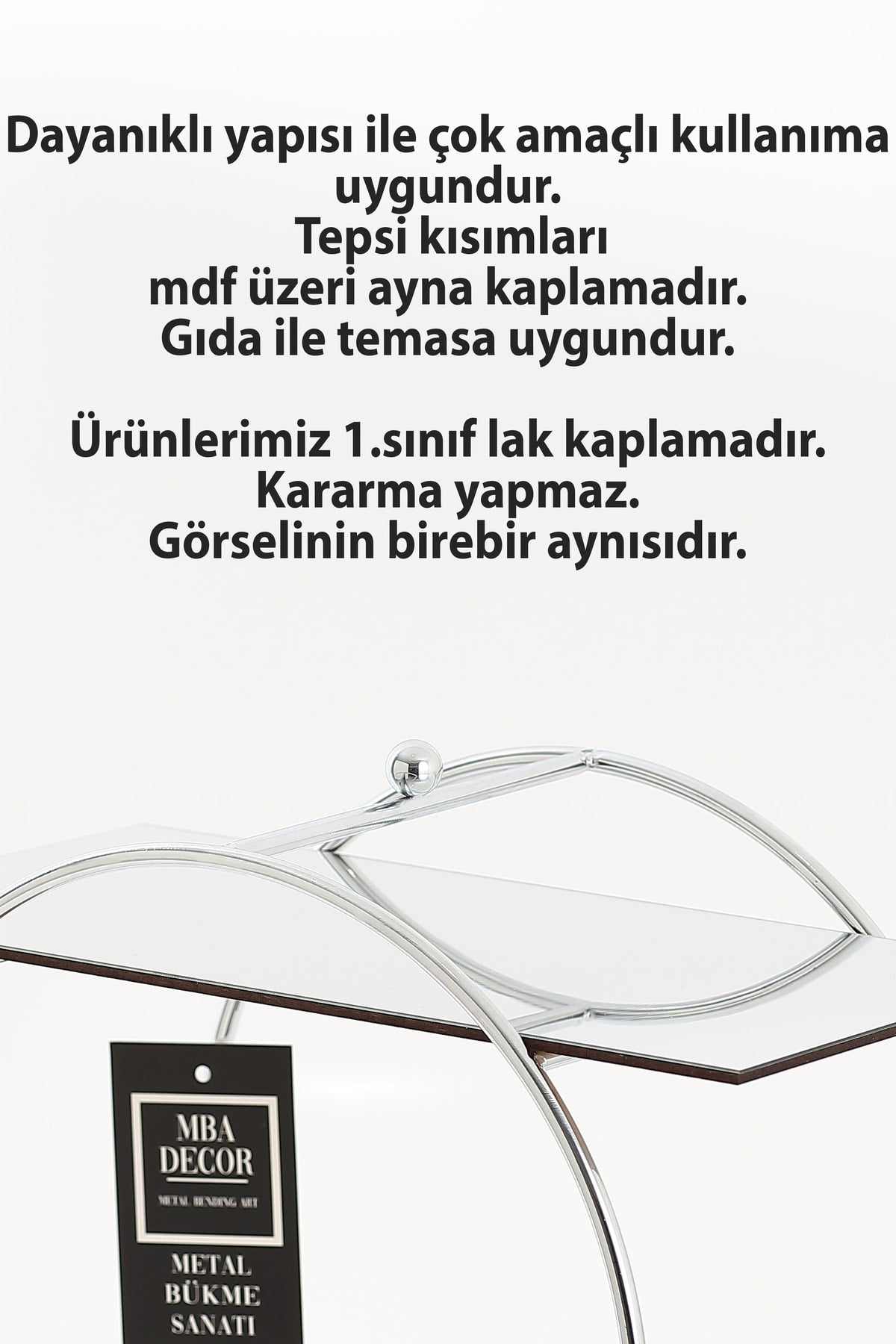 Yuvarlak Gümüş Aynalı Kahve Yanı Sunumluk Hediyelik Dekorasyon Ikramlık Organizer Mdf Ahşap 26cm