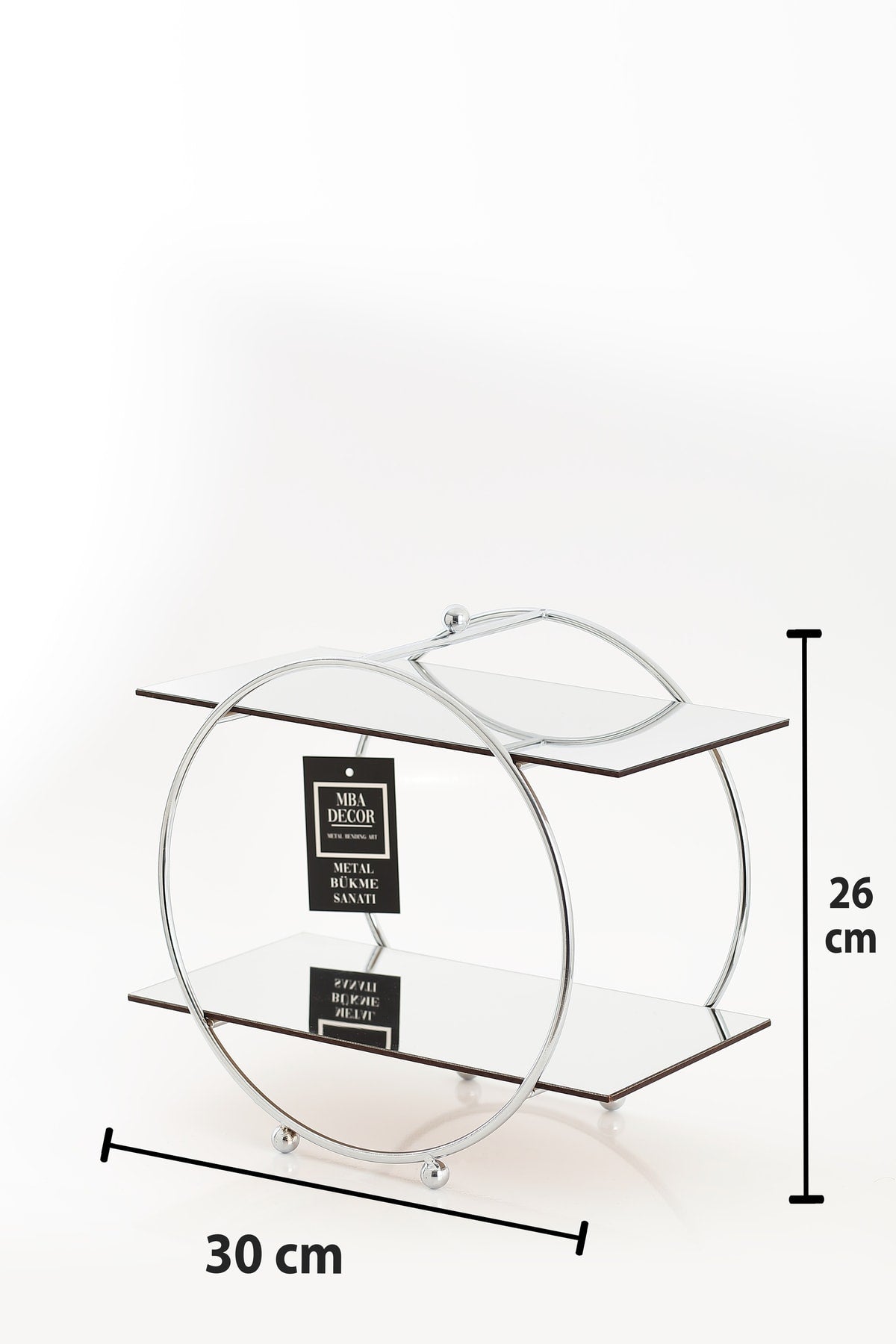 Yuvarlak Gümüş Aynalı Kahve Yanı Sunumluk Hediyelik Dekorasyon Ikramlık Organizer Mdf Ahşap 26cm