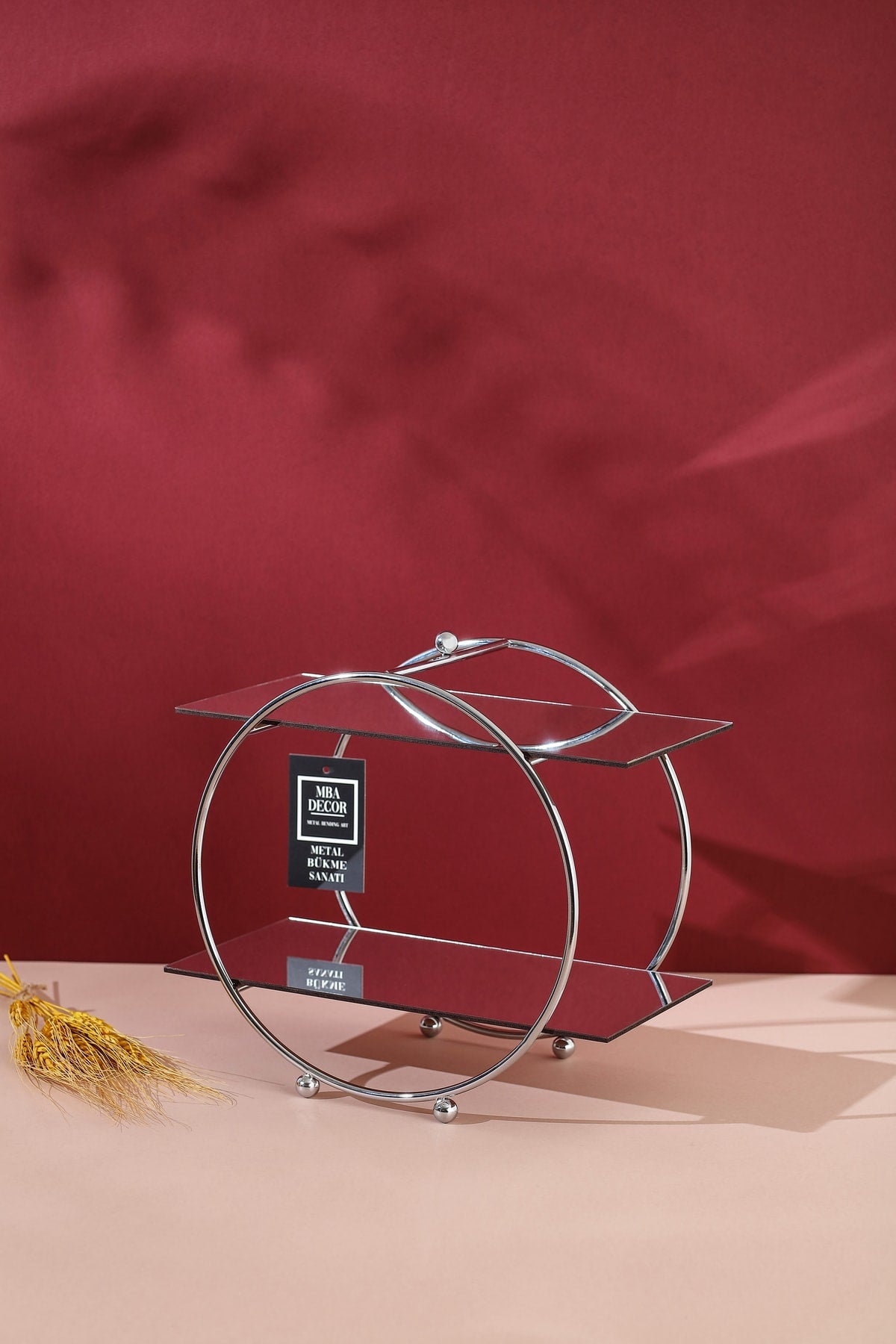 Yuvarlak Gümüş Aynalı Kahve Yanı Sunumluk Hediyelik Dekorasyon Ikramlık Organizer Mdf Ahşap 26cm
