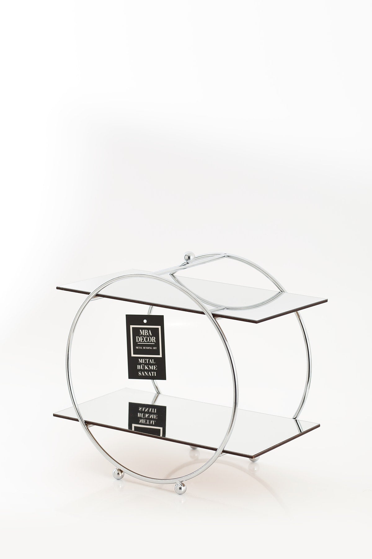 Yuvarlak Gümüş Aynalı Kahve Yanı Sunumluk Hediyelik Dekorasyon Ikramlık Organizer Mdf Ahşap 26cm
