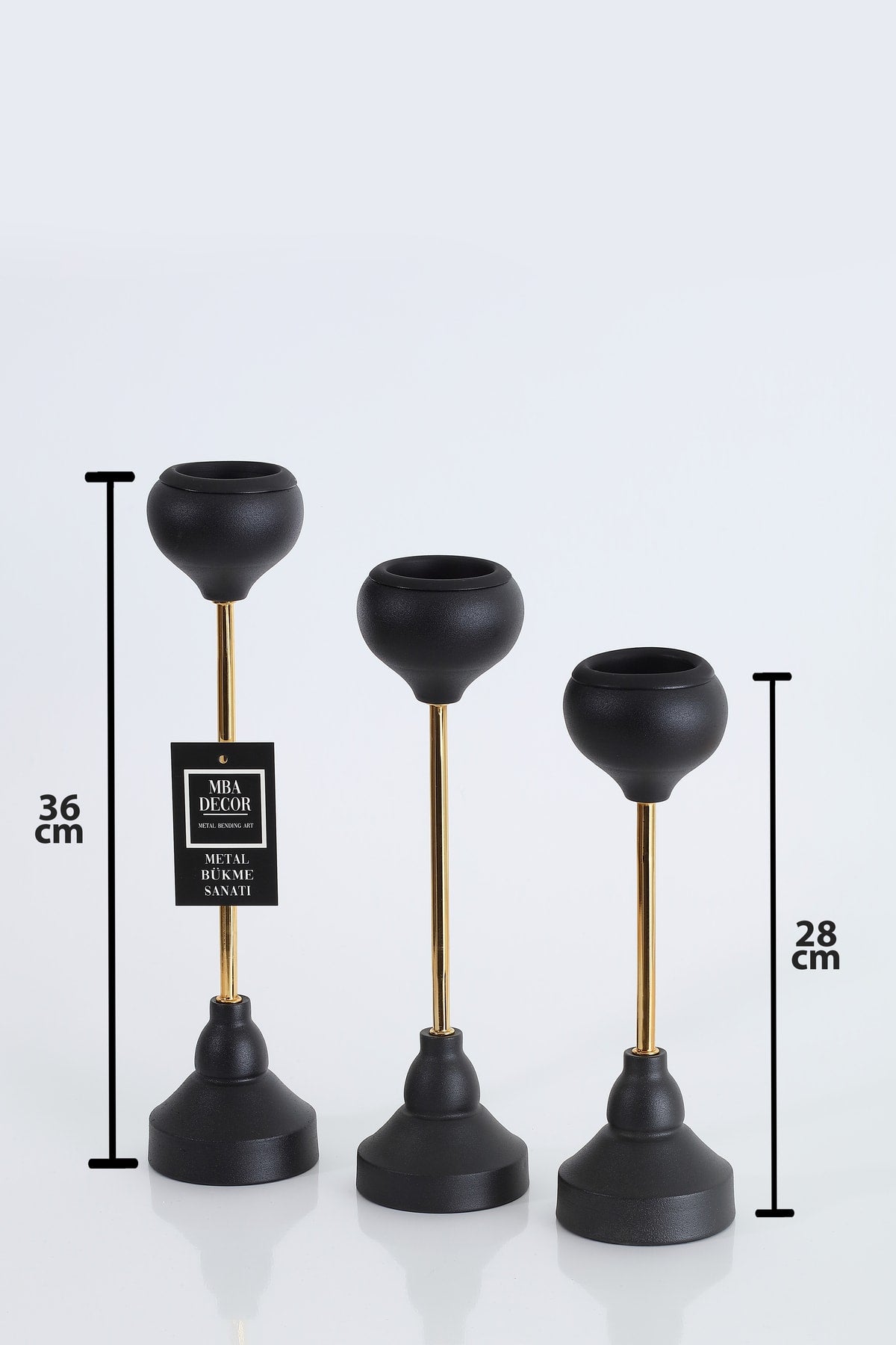 3'lü ( Üçlü ) Siyah Gold Dekoratif Mumluk Şamdan Dekorasyon Metal Paslanmaz Dolu Demir 36 Cm Armut