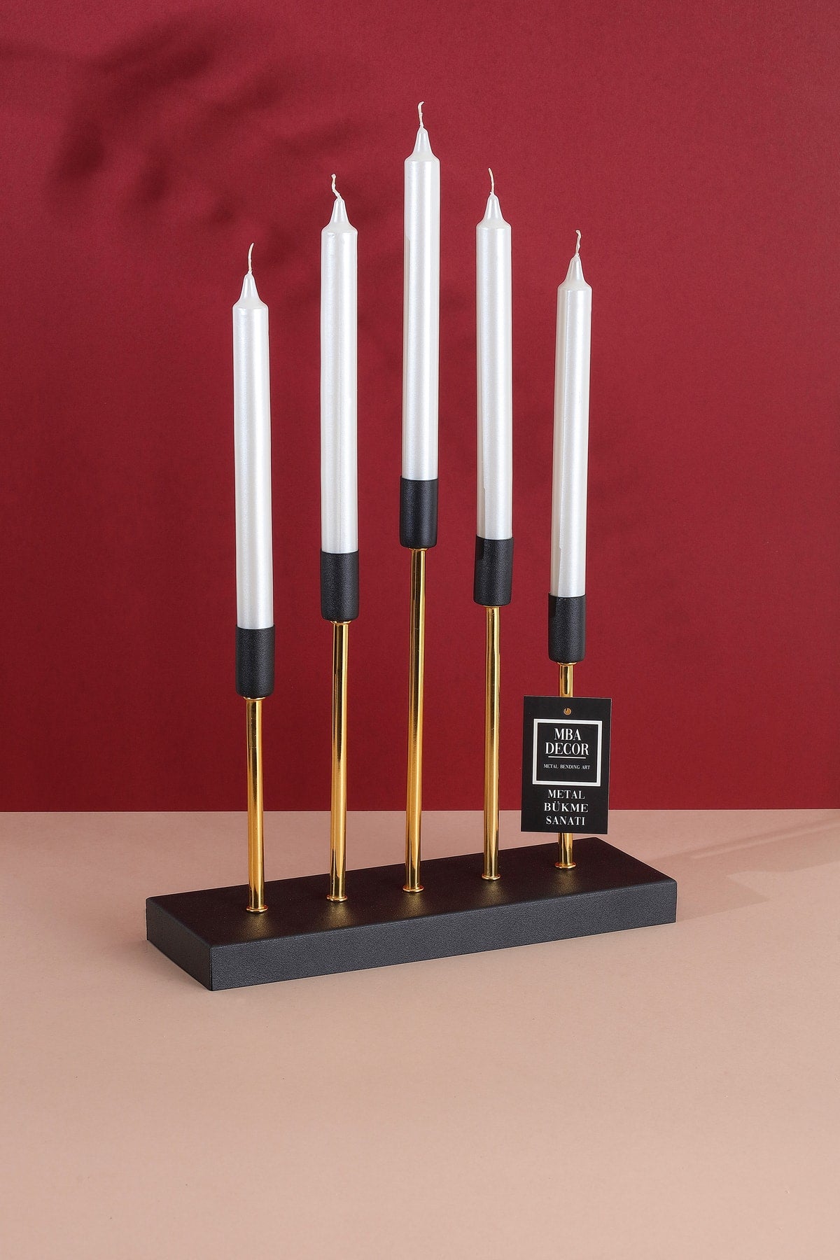 5'li ( Beşli ) Gold Siyah Dekoratif Mumluk Şamdan Dekorasyon Metal Paslanmaz 30-29 Cm Piramit