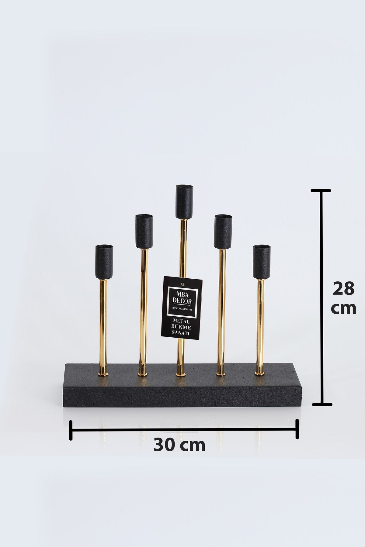 5'li ( Beşli ) Gold Siyah Dekoratif Mumluk Şamdan Dekorasyon Metal Paslanmaz 30-29 Cm Piramit