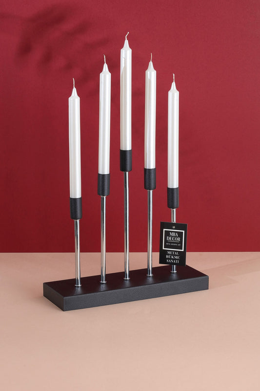 5'li ( Beşli ) Gümüş Siyah Dekoratif Mumluk Şamdan Dekorasyon Metal Paslanmaz 30-29 Cm Piramit