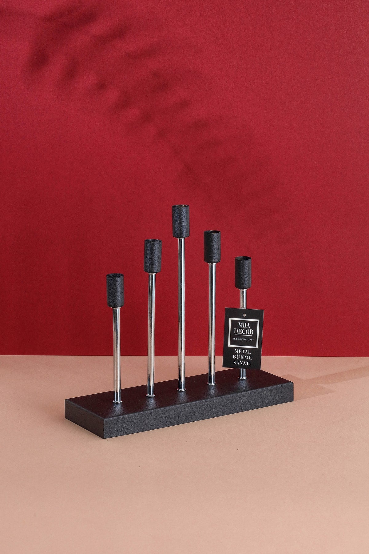 5'li ( Beşli ) Gümüş Siyah Dekoratif Mumluk Şamdan Dekorasyon Metal Paslanmaz 30-29 Cm Piramit